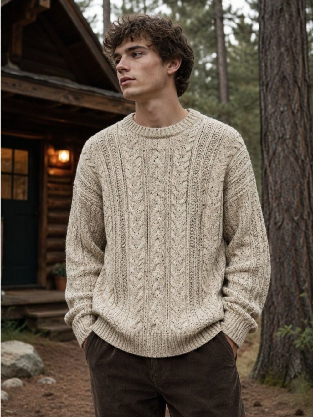Etchings Mens Med Beige Speckled Cable Knit Sweater Wool Blend Oversized Relaxed